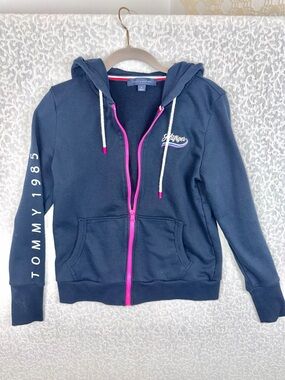 Tommy Hilfiger Navy Hoodie Jacket with Pink Zip Sz. M Sweatshirt Blue